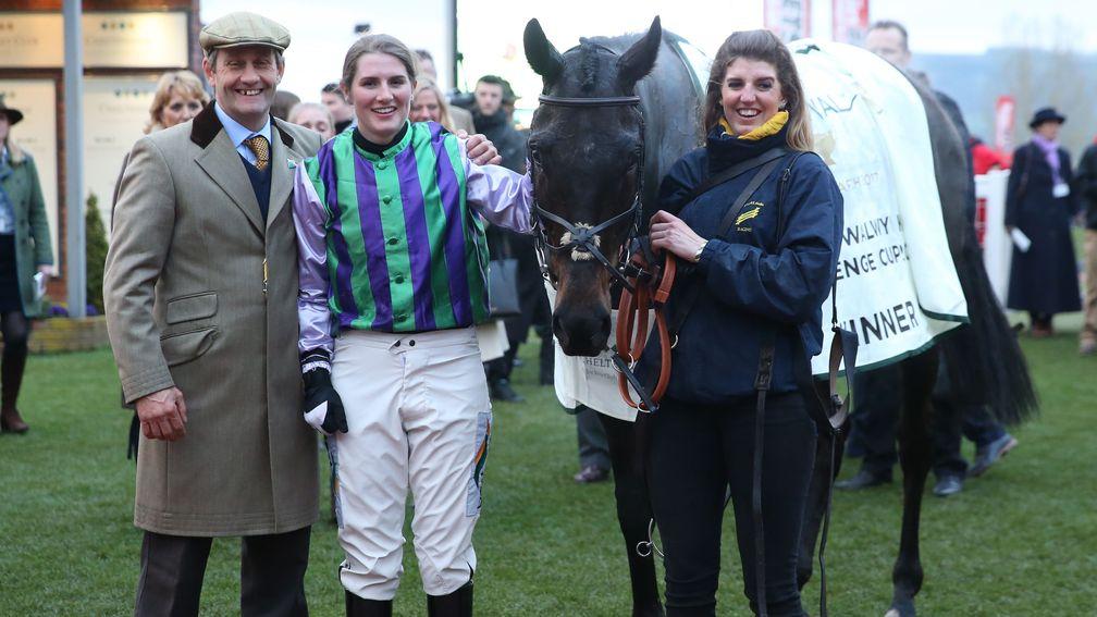 Stuart Edmunds with winning rider Gina Andrews after the success of Domesday Book in the Fulke Walwyn Kim Muir at the 2017 Cheltenham festival