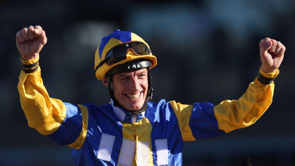 ARCADIA, CA - NOVEMBER 01:  Richard Hughes celebrates atop Chriselliam after winning the Juvenile Fillies Turf during the 2013 Breeders' Cup World Championships at Santa Anita Park on November 1, 2013 in Arcadia, California.  (Photo by Jeff Gross/Getty Im