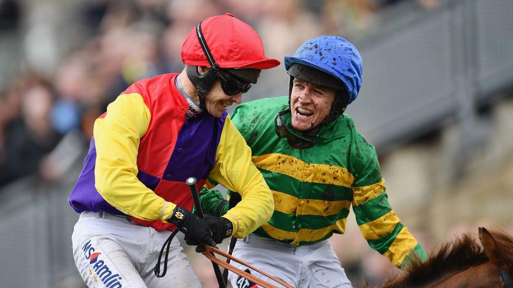 Barry Geraghty on Anibale Fly (right) congratulates Richard Johnson after his Gold Cup success on Native River