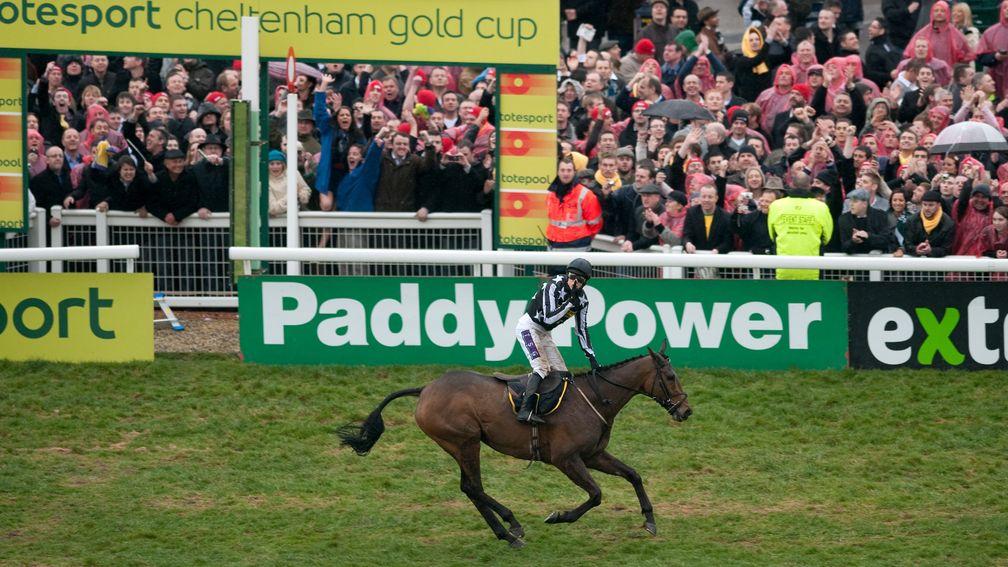 Imperial Commander with Paddy Brennan celebrating after their 2010 Cheltenham Gold Cup success